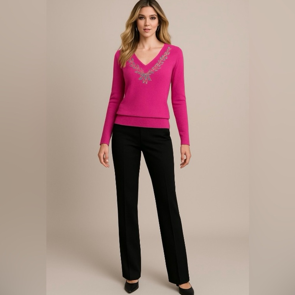 Ralph Lauren Black Lable 100% Cashmere V Neck Paisley Embroidered Sweater Pink L - Picture 2 of 13